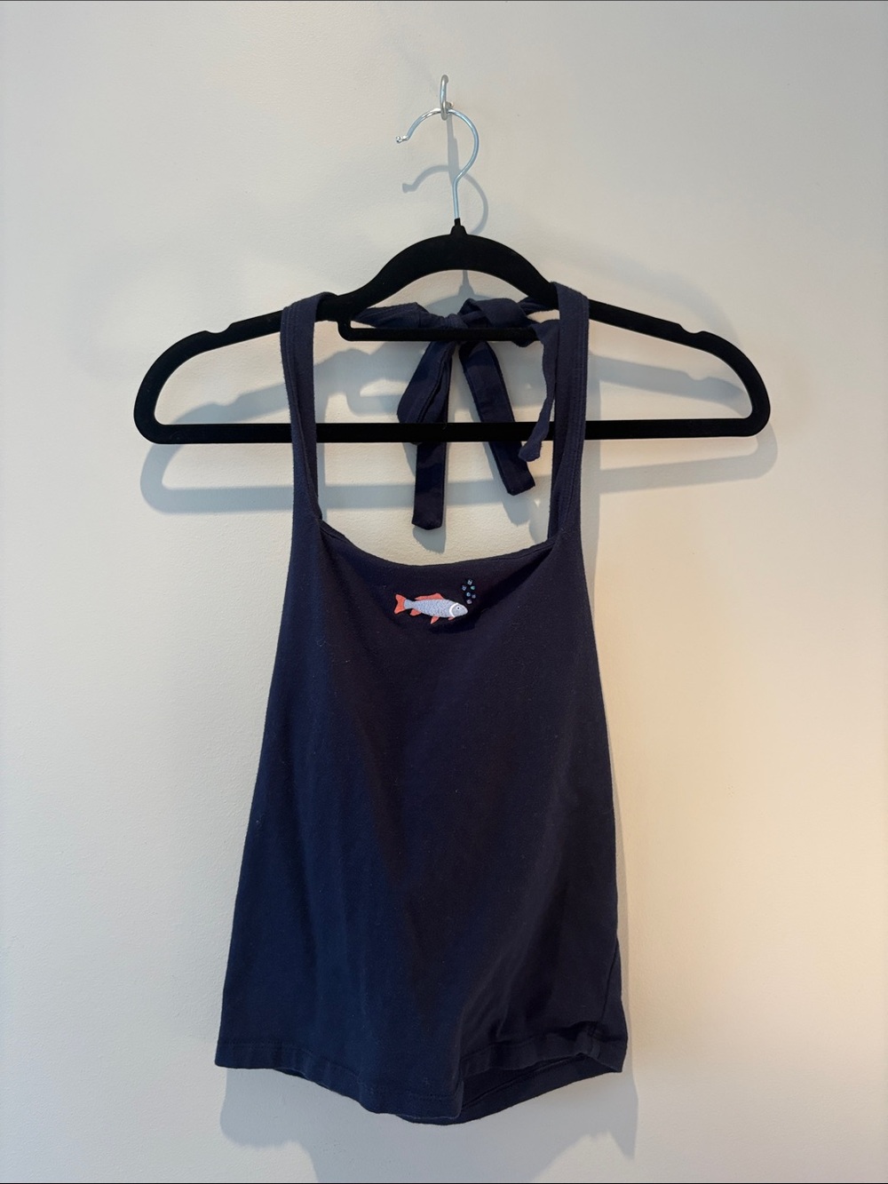 Navy Halter Shirt with Fish Embroidery